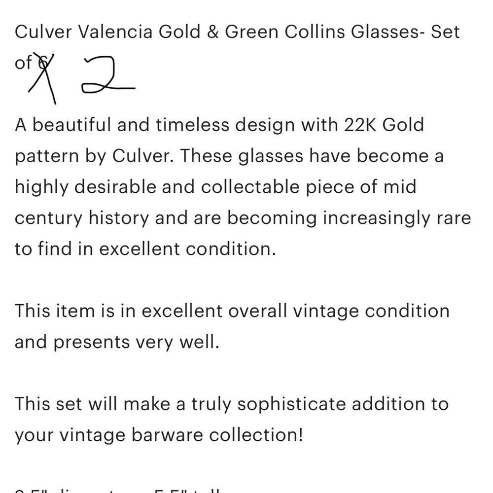 Set of 2 - MCM 1970’s 22k gold CULVER VALENCIA collins High-ball - Picture 5 of 6